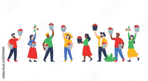 Tableau sur toile Diverse People Harvesting Cherries with Buckets, Community Farming