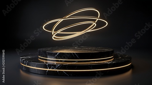 Glowing gold rings float above a black marble podium