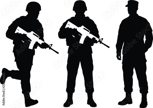 Photos Collection of professional military soldier silhouettes holding rifles and stand
