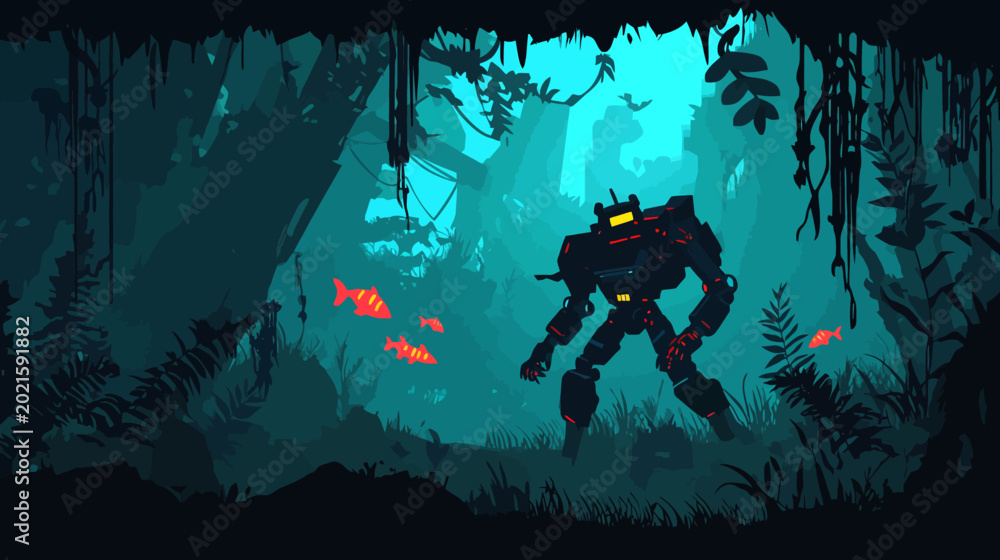 Fototapeta premium Futuristic robot exploring lush vibrant jungle with fish and trees