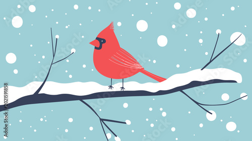 Red cardinal bird perched on snow-covered tree branch in snow