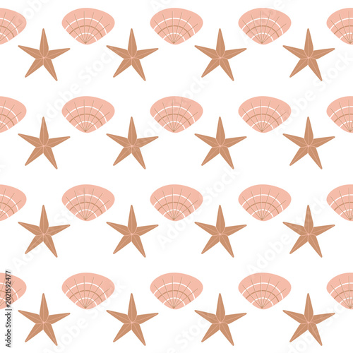 vector seamless pattern with sea stars and shells.