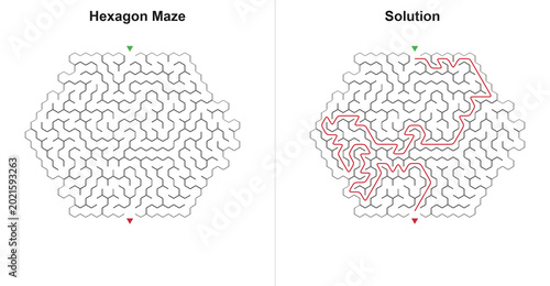 Foto Hexagon Maze Puzzle with Solution - Honeycomb Labyrinth Activity Sheet