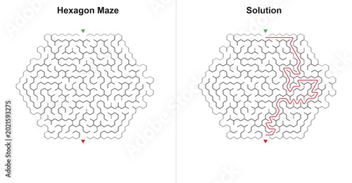 Cuadro en lienzo Hexagon Maze Puzzle with Solution - Honeycomb Labyrinth Activity Sheet