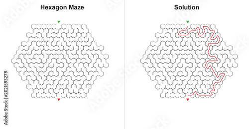 Quadro su tela Hexagon Maze Puzzle with Solution - Honeycomb Labyrinth Activity Sheet
