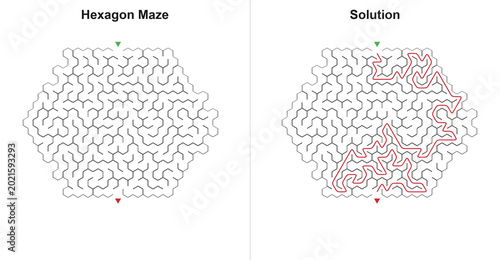 Quadro em tela Hexagon Maze Puzzle with Solution - Honeycomb Labyrinth Activity Sheet