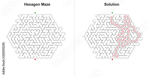 Εκτύπωση καμβά Hexagon Maze Puzzle with Solution - Honeycomb Labyrinth Activity Sheet