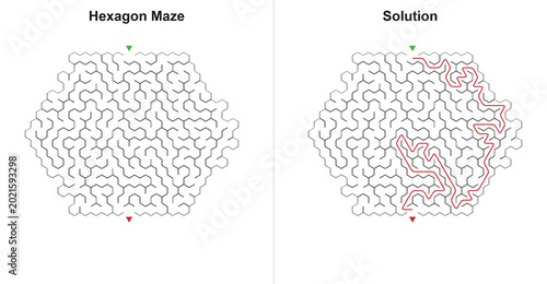 Fotografía Hexagon Maze Puzzle with Solution - Honeycomb Labyrinth Activity Sheet