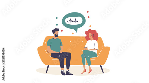 Two people sitting on a sofa having a conversation in a living room