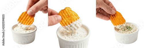 Foto Set and collection of single potato chip dipping into white cream sauce isolated