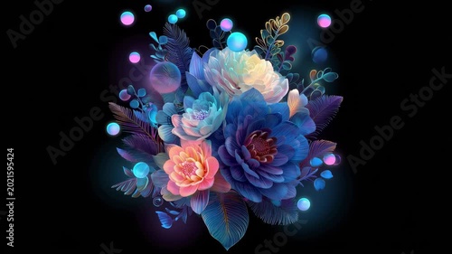 Brightly colored flowers with lights appear in four different frames showcasing creative design steps and visual details.