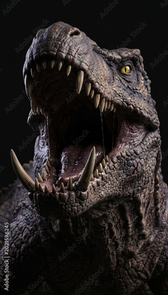 Obraz premium Cinematic roaring dinosaur predator portrait on black background