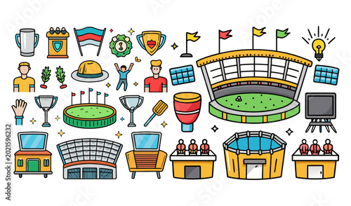 Travel and tourism icons set featuring cartoon vector illustration elements like a car, train, and city building symbols for seamless business sign design.