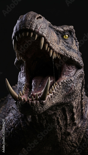 Cinematic roaring dinosaur predator portrait on black background