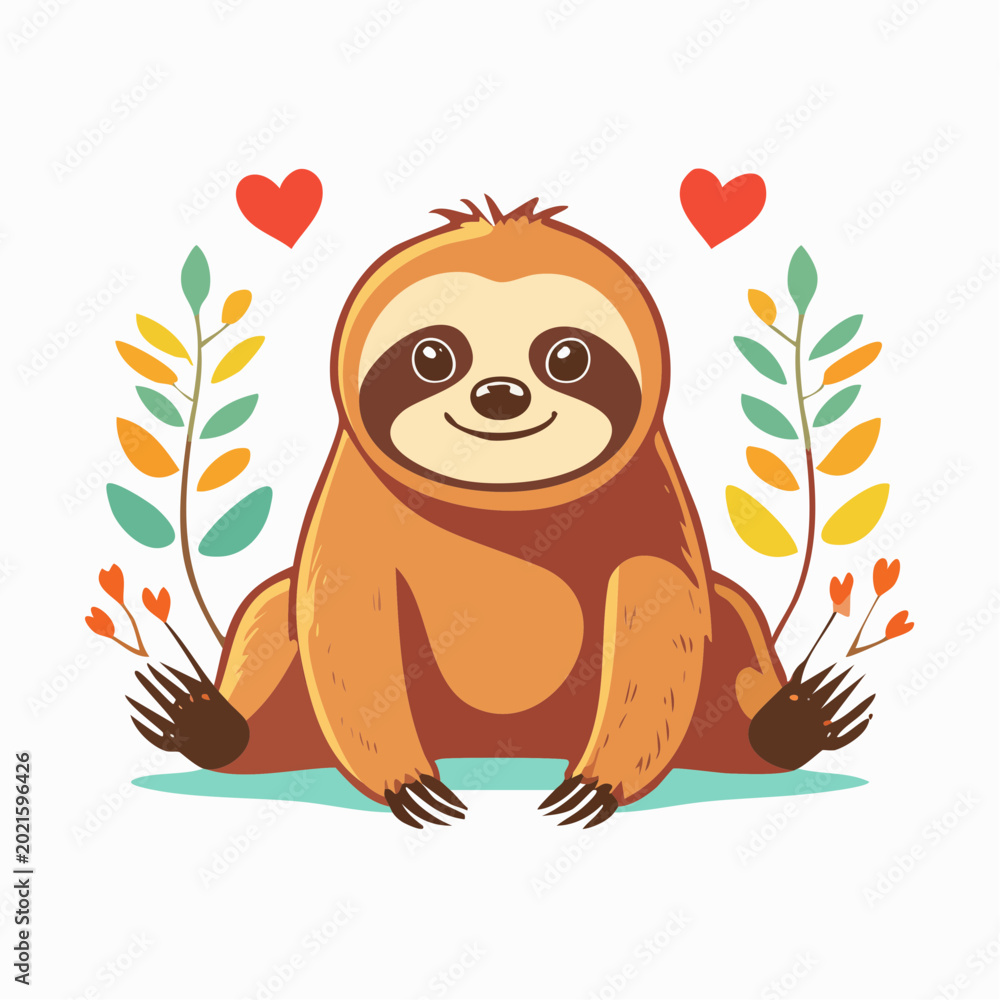 Fototapeta premium Cute Sloth Illustration with Hearts and Leaves