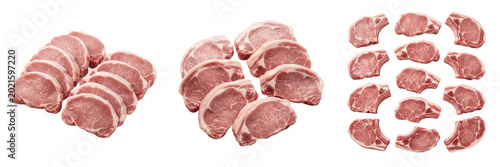 Set and collection of raw pork loin meat slices isolated on white background