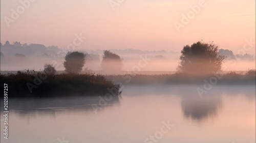 Tranquil Dawn Mist Over Calm Lake with Silhouetted Trees and Reeds, Morning Fog Reflection on Water Surface, Serene Nature Landscape
