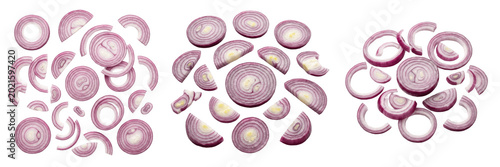 Foto Set and collection of pile of sliced red onion rings isolated on white backgroun