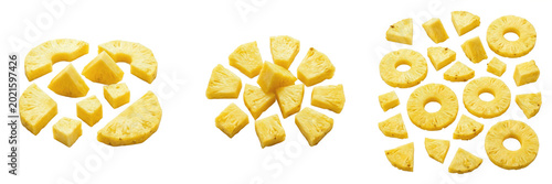 Photos Set and collection of pile of diced fresh pineapple chunks isolated on white bac