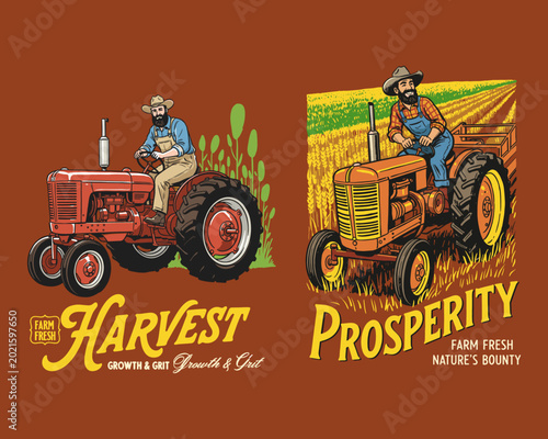 Foto Farmer vintage tractor harvest prosperity illustration, agricultural retro poste