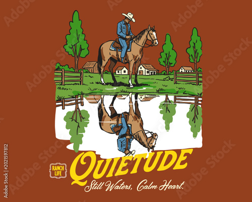 Fotografía Cowboy vintage illustration, ranch life poster, horse rider reflection, western