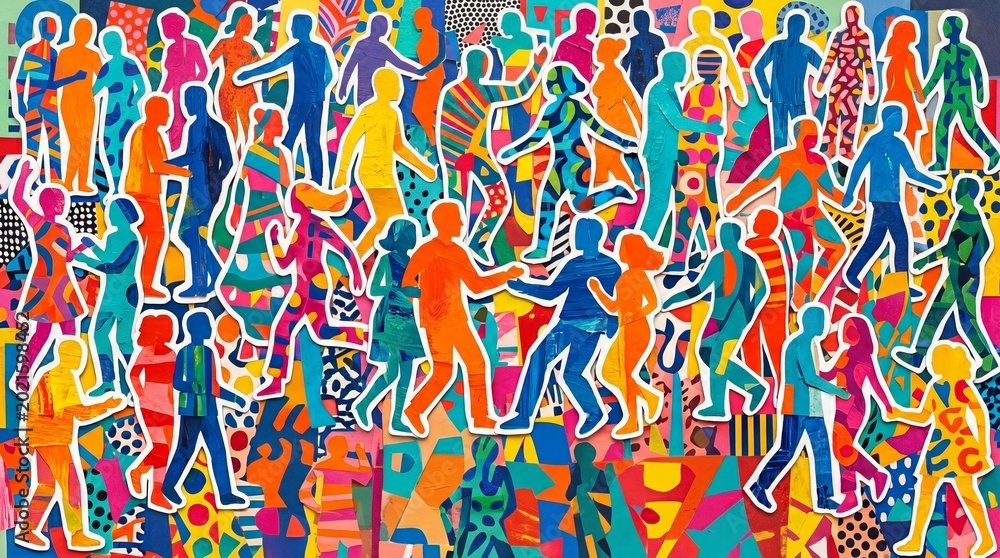 Obraz premium Colorful Silhouettes of People Dancing and Socializing in a Crowd