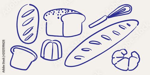 Tableau sur toile Various types of bread Doodle Sketch Set Vector