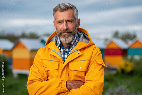 Confident bearded man wearing bright yellow jacket standing with crossed arms near colorful bee hives outdoors