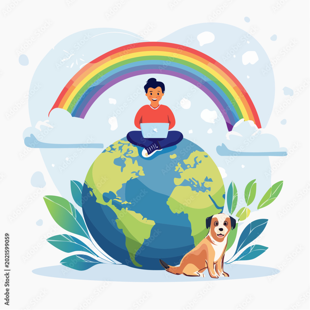 Fototapeta premium Person and Dog on Earth with Rainbow and Laptop