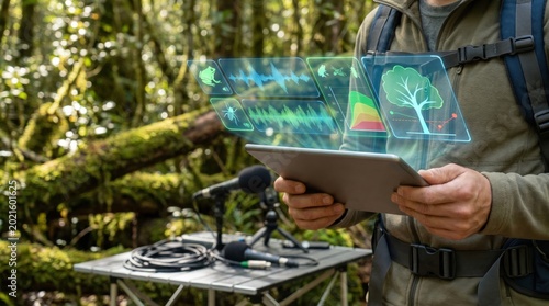 Scientist in a forest using a tablet interface to monitor bioacoustic data and plant health via advanced sensors