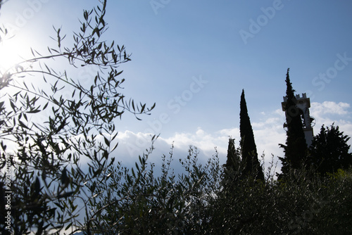 sea, cloud uns moutains, village, house