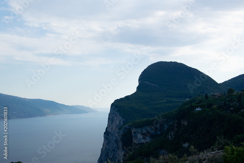 sea, cloud uns moutains, village, house