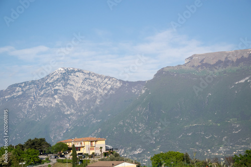 sea, cloud uns moutains, village, house