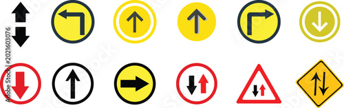 Foto Collection of road signs and directional arrows indicating traffic flow and navigation instructions