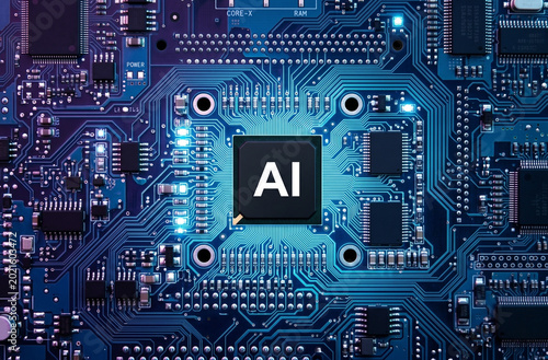 Blue circuit board featuring a prominent, centrally located dark gray chip with 