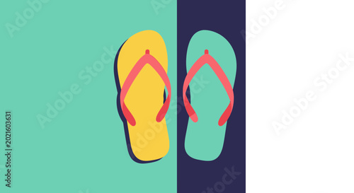 Bild auf Leinwand Summer Flip Flops: Yellow and Teal Sandals on Split Color Background