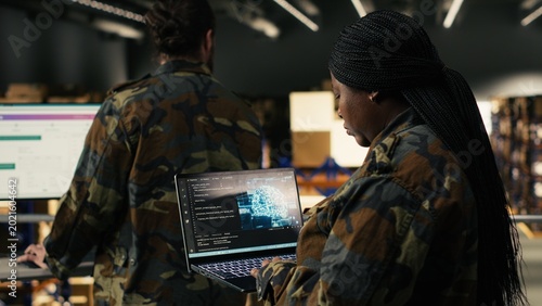 Bild auf Leinwand Black soldier leveraging artificial intelligence and cloud computing, warehouse management for defense logistics