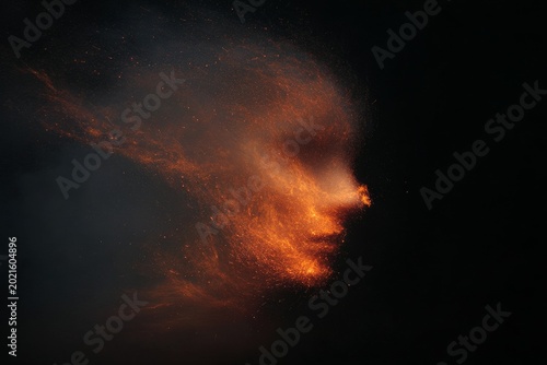 Swirling firestorm face formation of fiery particles merging into a human visage for dark background or wallpaper