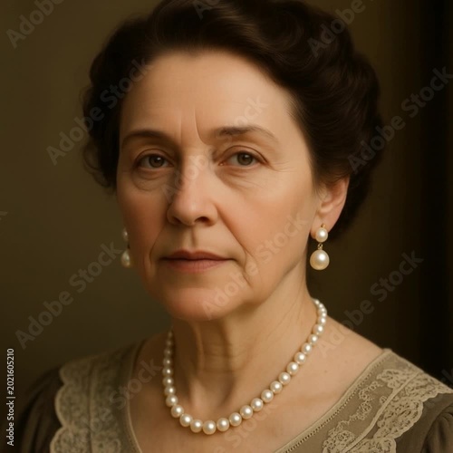 Mature woman with pearl jewelry in classic attire against dark backdrop  