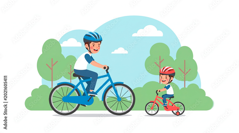 Naklejka premium Father and son enjoying a bike ride together in a park on a sunny day