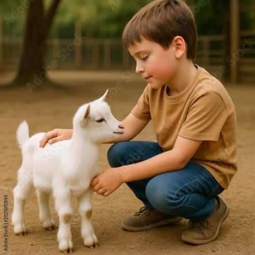 Boy interacting gently with baby goat in a farm setting  