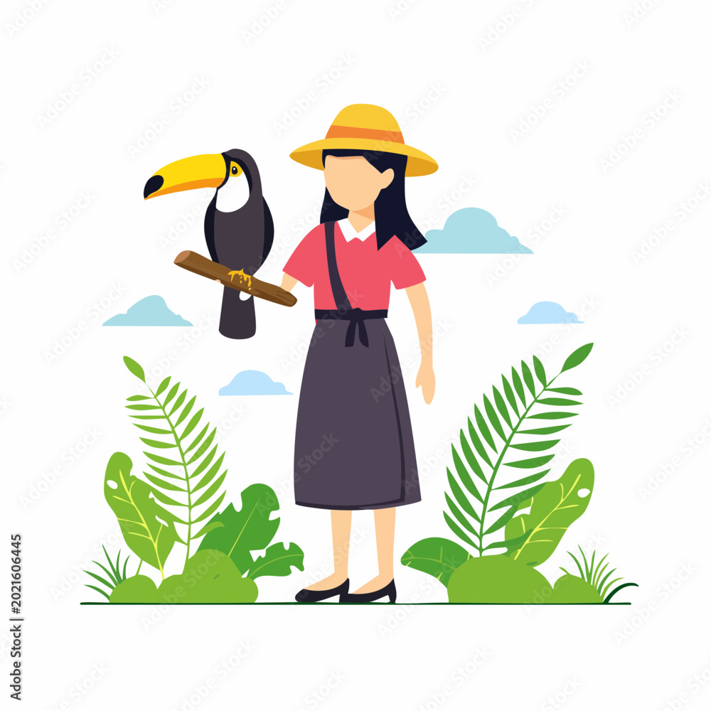 Obraz premium Woman with Toucan in Tropical Environment