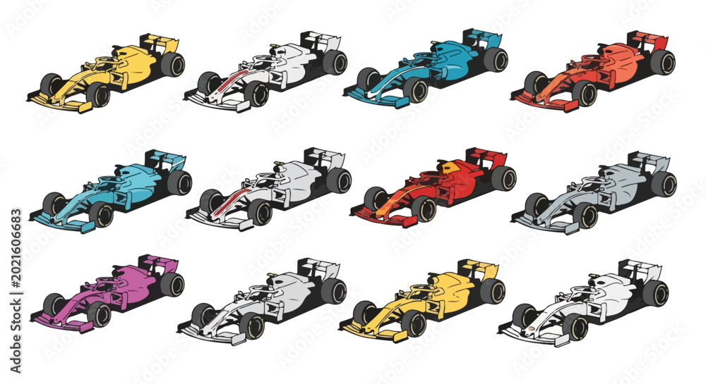 Fototapeta premium Collection of Formula 1 race cars in various vibrant colors, showcasing speed, technology, and modern design.