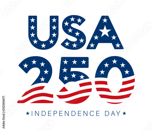 USA 250th independence day anniversary vector typography with American flag stars and stripes pattern. Patriotic design for the United States Semiquincentennial celebration in 2026.	