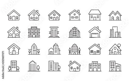 Foto Real estate outline icons set including houses buildings apartments garages and modern skyscrapers