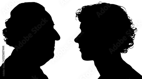 A black silhouette profile of an older man and a younger woman are presented facing each other on a plain white background, symbolizing intergenerational connection.