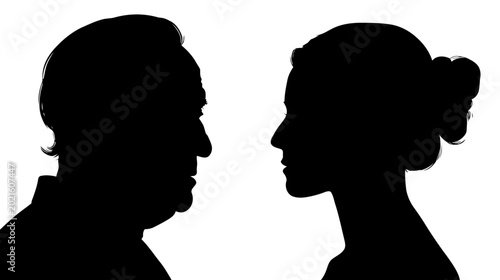 A black silhouette profile of an older man and a younger woman are shown facing each other on a stark white background, representing a pair in conversation.