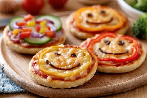 Four adorable smiley face mini pizzas decorated with vegetables and cheese on a wooden board.