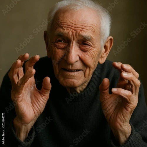 Elderly man gesturing while smiling in a cozy indoor setting  