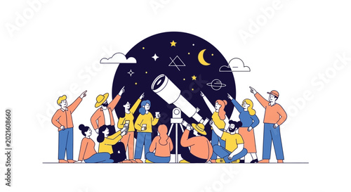 People stargazing with telescope, observing night sky and constellations